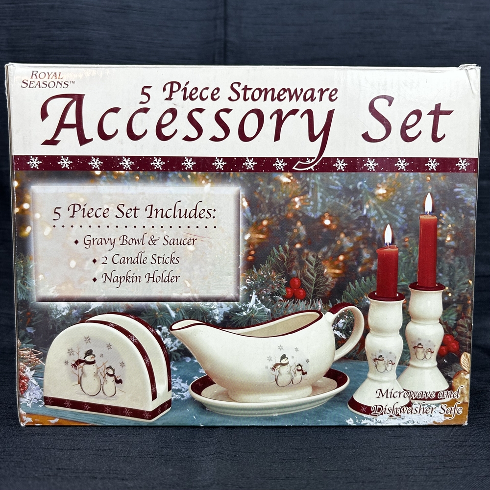 Royal Seasons 5 pc Stoneware Accessory Set Snowman Candle Holder Holiday